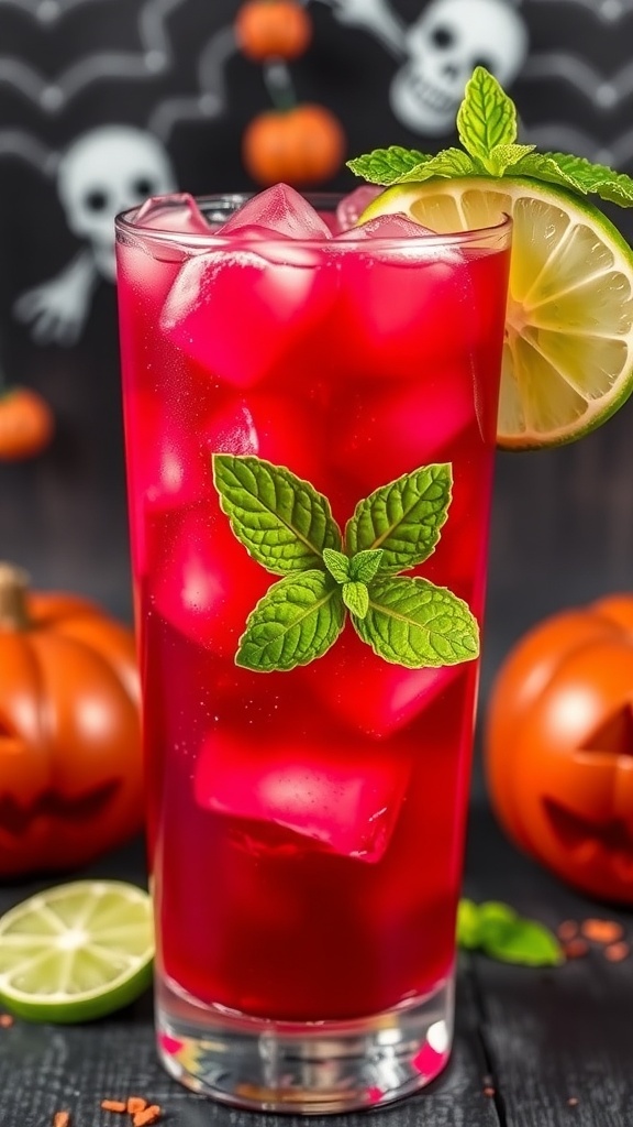 A refreshing Haunted Hibiscus Cooler in a glass with ice, lime slices, and mint leaves, set against a Halloween-themed background.